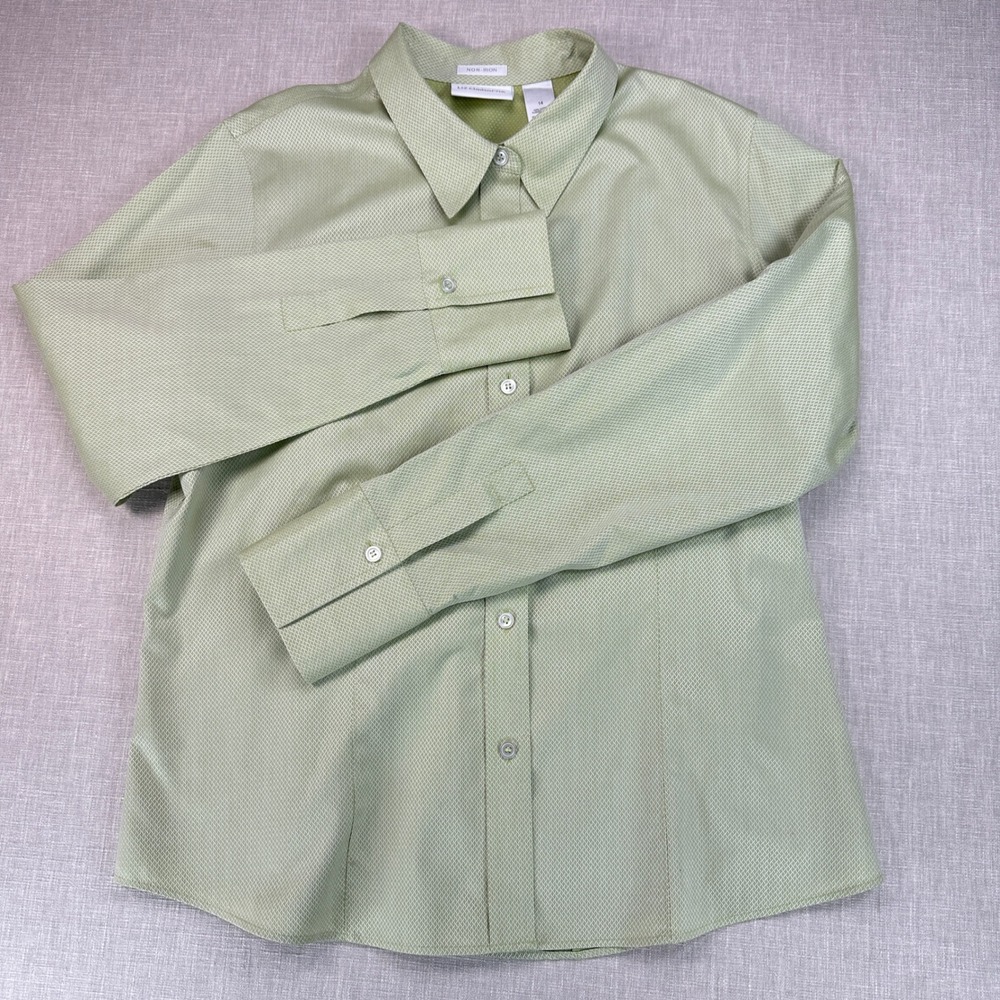 Liz Claiborne Button Down Womens 14 Green Non-Iron Cotton Basketweave REMU4450 - Picture 2 of 11